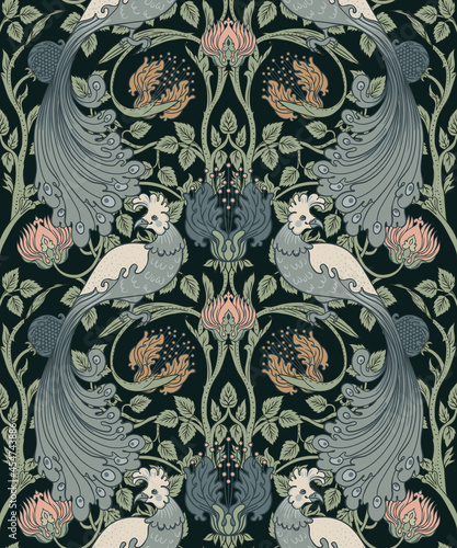 Floral vintage seamless pattern wit birds for retro wallpapers. Enchanted Vintage Flowers. Arts and Crafts movement inspired. Design for wrapping paper, wallpaper, fabrics and fashion clothes.