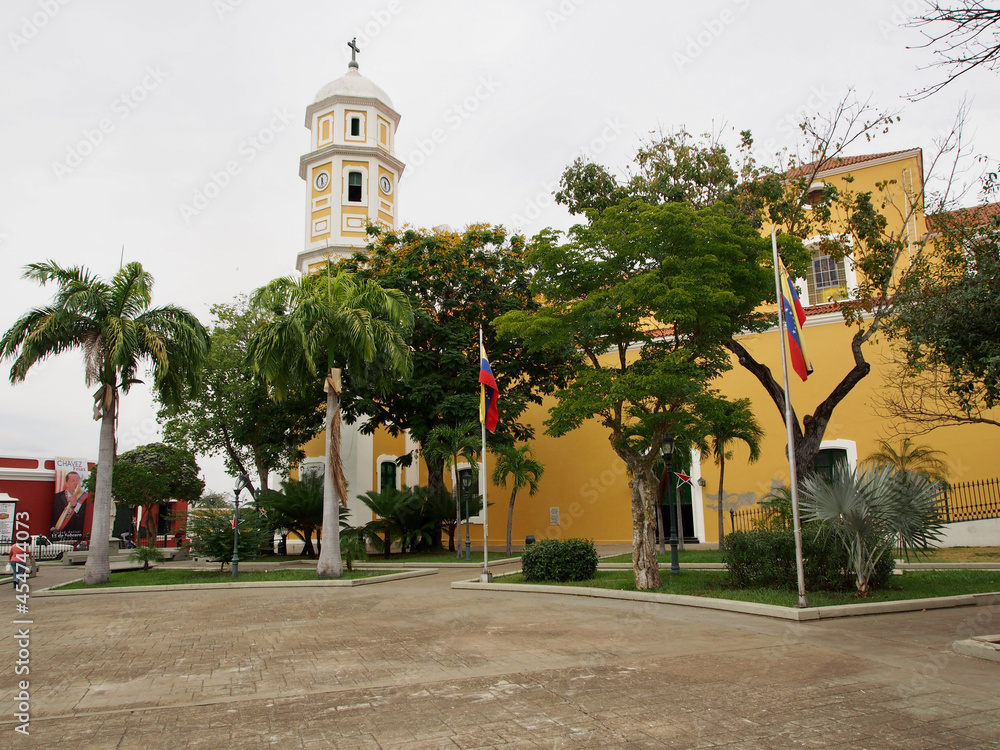 Ciudad Bolivar, Venezuela - 10.04.2019: Buildings in the main square of Ciudad Bolivar