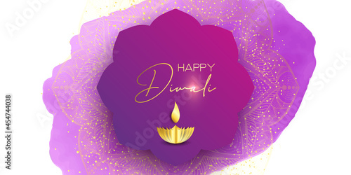 Diwali festival holiday design with paper cut style of Indian Rangoli. Happy Diwali. Paper Graphic of Indian Rangoli. Gold Mandala on purple pink yellow background. Design for banner, invitation, menu photo