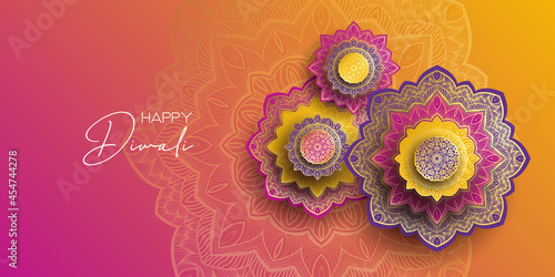 Diwali festival holiday design with paper cut style of Indian Rangoli. Happy Diwali. Paper Graphic of Indian Rangoli. Gold Mandala on purple pink yellow background. Design for banner, invitation, menu