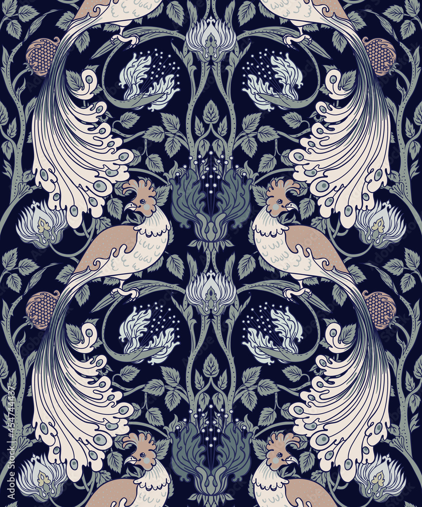 Floral vintage seamless pattern wit birds for retro wallpapers. Enchanted Vintage Flowers. Arts and Crafts movement inspired. Design for wrapping paper, wallpaper, fabrics and fashion clothes. - obrazy, fototapety, plakaty 