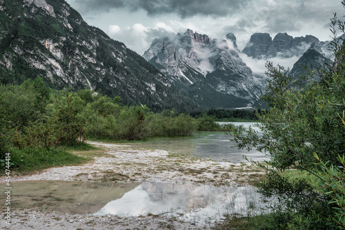 View over the lake to the south into the Ampezzo Dolomites, Italien. Lago di Landro. photo