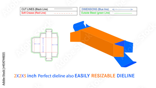 Custom Straight tuck end box packaging 2x2x5 inch Dieline template and 3D vector file