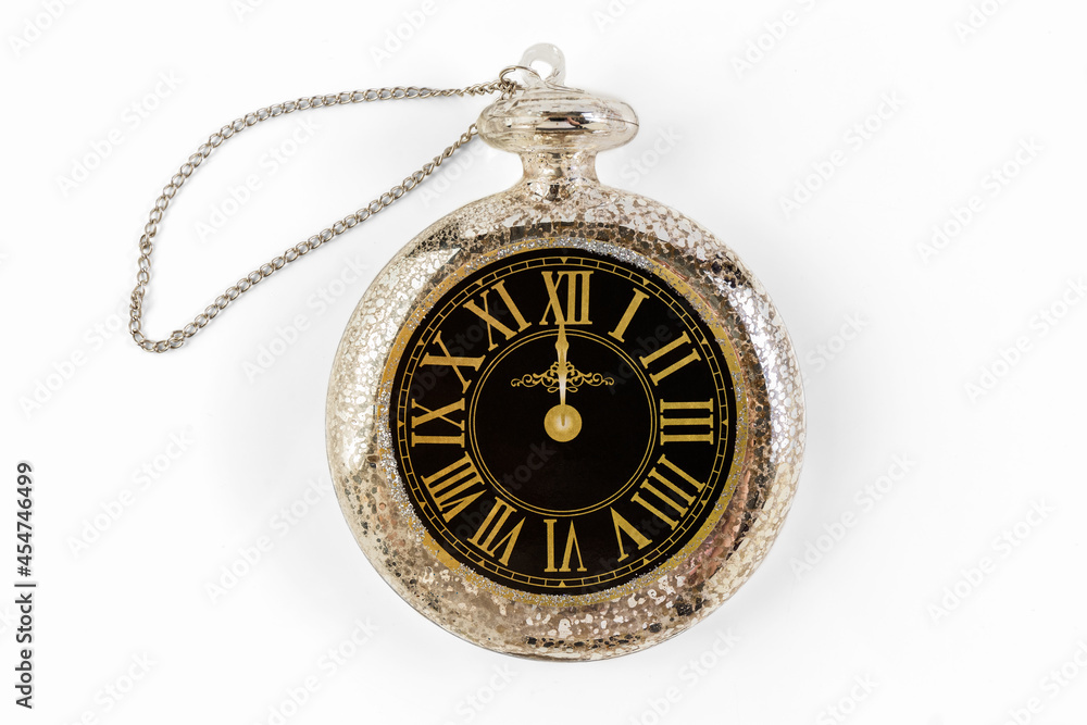 New Year's chimes. New year clock against white background. Isolate. Concept. High quality photo New Year's chimes. New year clock against white background. Isolate. Concept. High quality photo