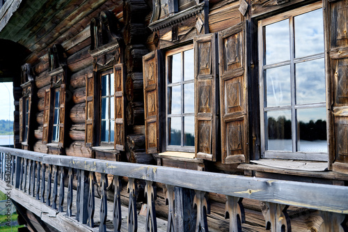 Windows of an old traditional Russian wooden house on the Kizhi island in Karelia  Russia.