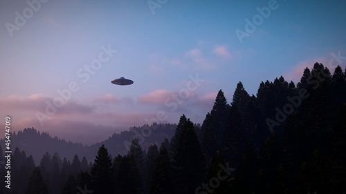 3D illustration. UFO over the mountains