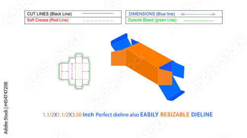 Custom Straight tuck end box 1.50X1.50X3.50 inch Dieline template and 3D vector file