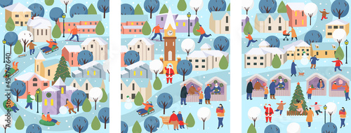 Winter city with people.Сhristmas in the park. Big set of people in winter. People walking,  skating, skiing, making a snowman, walking. Flat cartoon vector illustr