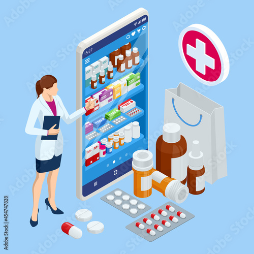 Isomtric buy medicaments and drugs online. Healthcare online pharmacy app. Concept online drugstore.