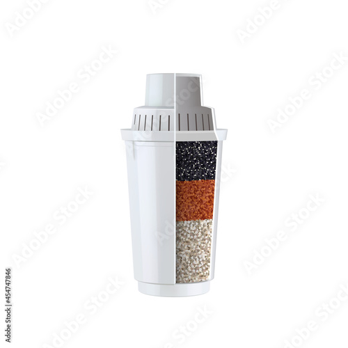 Water Filter Cartridge Layers For Cleanse Vector. Blank Cartridge With Charcoal, Sieving, Adsorption, Ion Exchange And Biofilms. Cylinder For Preparing Clean Liquid Template Realistic 3d Illustration