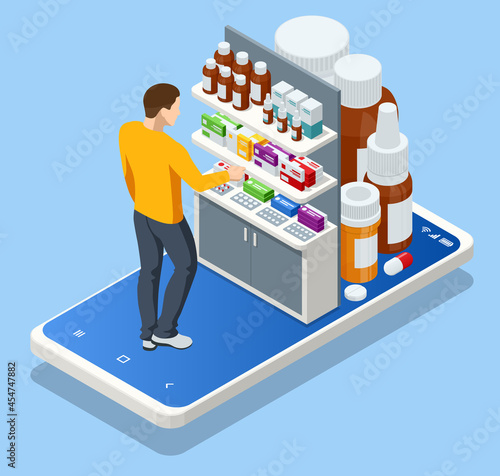 Isomtric buy medicaments and drugs online. Healthcare online pharmacy app. Concept online drugstore.