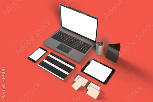3D illustration.Office workplace with laptop, notebook, office supplies and stationery on red background. Solution, business planning, creative, design, learning, start up or working flat lay.