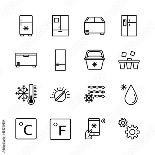 Refrigerator flat line icons set. Freezer, Cold food storage, frige, coolbox. Simple flat vector illustration for store, web site or mobile app photo