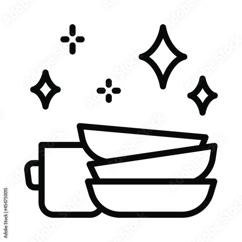 Clean dishes flat line icon. Shiny plate stack, wash kitchen utensil, pile tableware. Outline sign for mobile concept and web design, store