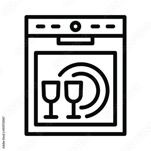 Dishwasher flat line icon. Household appliance for washing utensil, dishware. Outline sign for mobile concept and web design, store