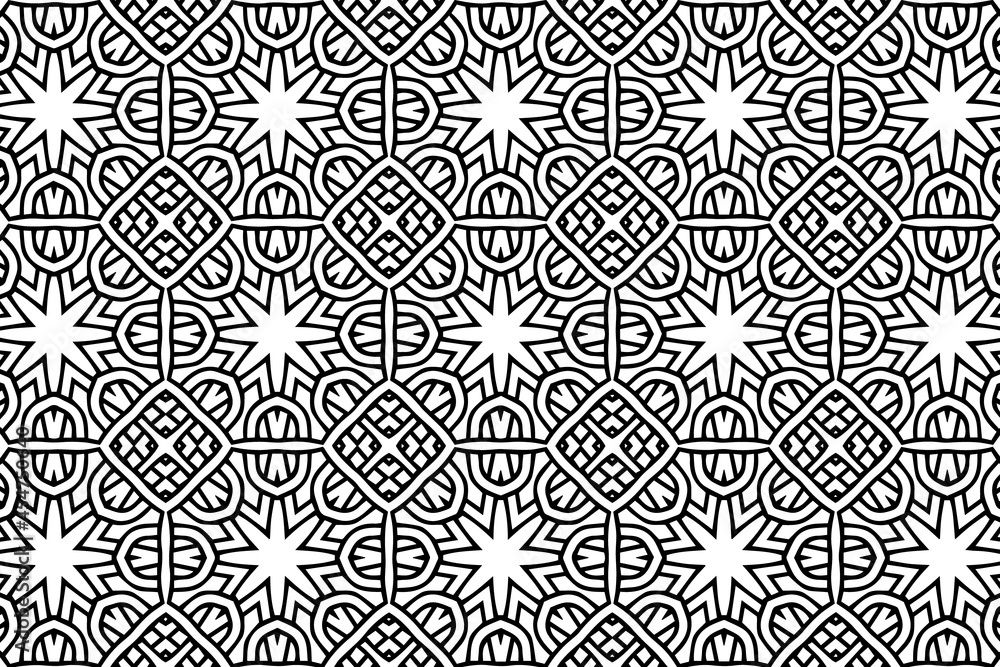 Vintage pattern, geometric background, ethnic artistic ornament. Cover design in oriental, asian, indonesian, mexican, aztec styles. Black white template for coloring, presentations.