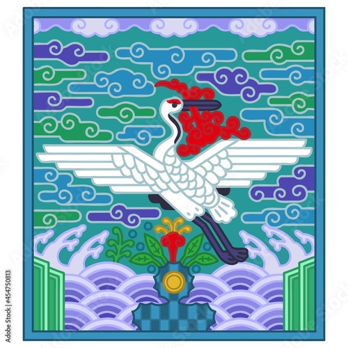 Korean traditional red crowned crane pattern. Vector illustration.