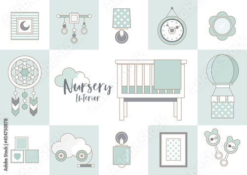 Modern wooden baby room. Nursery interior. Icon Collection
