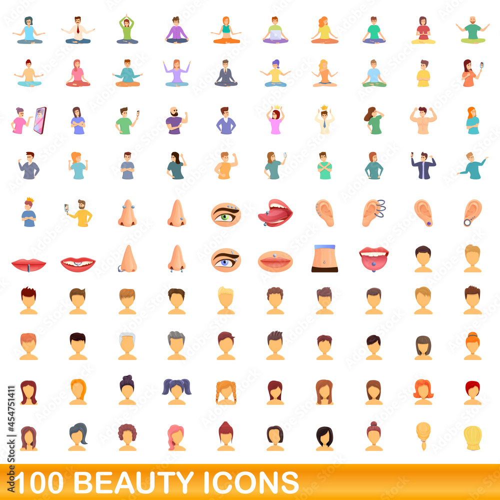 100 beauty icons set. Cartoon illustration of 100 beauty icons vector set isolated on white background 100 beauty icons set. Cartoon illustration of 100 beauty icons vector set isolated on white background