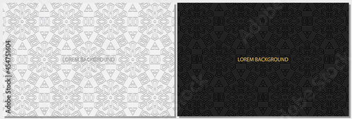 Creative abstract black and white banners, cover design set, horizontal vector templates. Geometric volumetric convex ethnic 3D pattern. Eastern, Indonesian, Mexican, Aztec style.