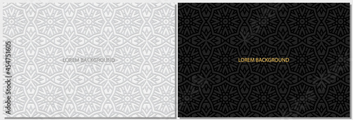 Creative unique black and white banners, cover design set, horizontal vector templates. Geometric volumetric convex ethnic 3D pattern. Eastern, Indonesian, Mexican, Aztec style.