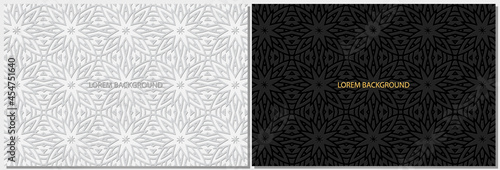 Creative elegant black and white banners, cover design set, horizontal vector templates. Geometric volumetric convex ethnic 3D pattern. Eastern, Indonesian, Mexican, Aztec style.