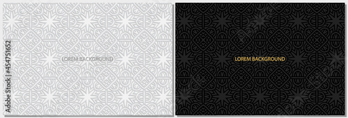 Creative artistic black and white banners, cover design set, horizontal vector templates. Geometric volumetric convex ethnic 3D pattern. Eastern, Indonesian, Mexican, Aztec style.