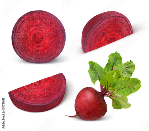 Beetroot with leaves, fresh whole_and sliced beet isolated on white background. Set. Collection.