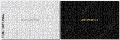Creative floral black and white banners, cover design set, horizontal vector templates. Geometric volumetric convex ethnic 3D pattern. Eastern, Indonesian, Mexican, Aztec style.