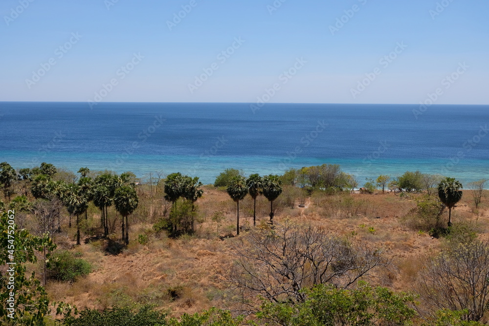 Remote coastline of turquoise ocean and golden brown terrain on tropical island Atauro Island, Timor Leste, Southeast Asia