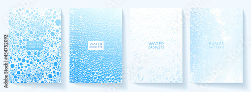 Water cover design set. Background with water drops pattern (bubbles). Blue vector template for drink menu, invite, brochure template, flyer