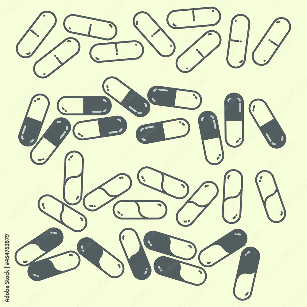 Capsule varian pattern on soft yellow background. Cosmetic vitamin capsule or oil pill. Vector seamless pattern