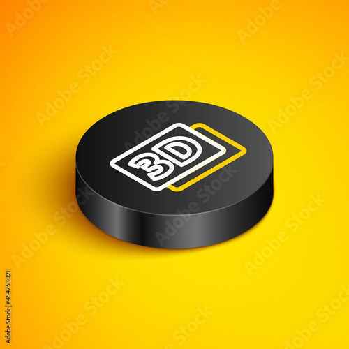 Isometric line 3D word icon isolated on yellow background. Black circle button. Vector