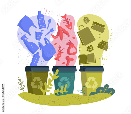 Garbage sorting containers and waste utilization management concept. Paper, plastic and organic trash in colourful bins for recycling. Rubbish dustbins. Save environment and ecology eps illustration