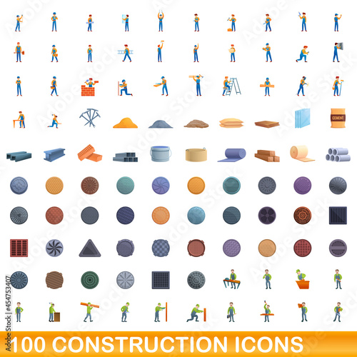 100 construction icons set. Cartoon illustration of 100 construction icons vector set isolated on white background