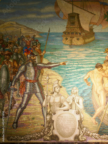 Tablou pe pânză Mural of the conquistadors inside Lima Cathedral, Peru