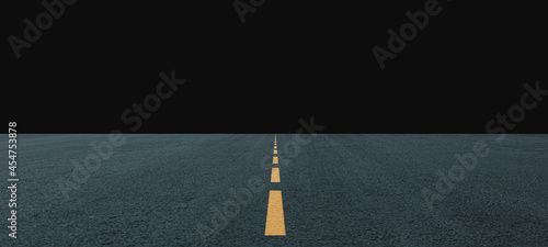 Black asphalt road and empty dark street scene background with straight lines in the yellow line.