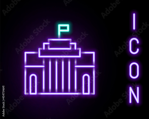 Glowing neon line Prado museum icon isolated on black background. Madrid, Spain. Colorful outline concept. Vector