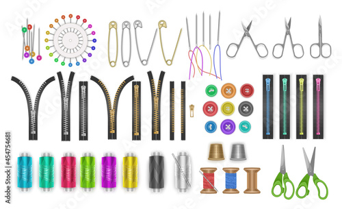 Needlework concept. Various sewing tools. Needles and scissors machine or buttons, spools, threads colored vector set. Cartoon style, flat design. elements oh white
