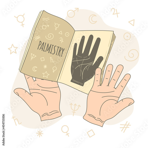 Palmistry. Palms with lines of fate and a textbook on palmistry. Vector, isolated.