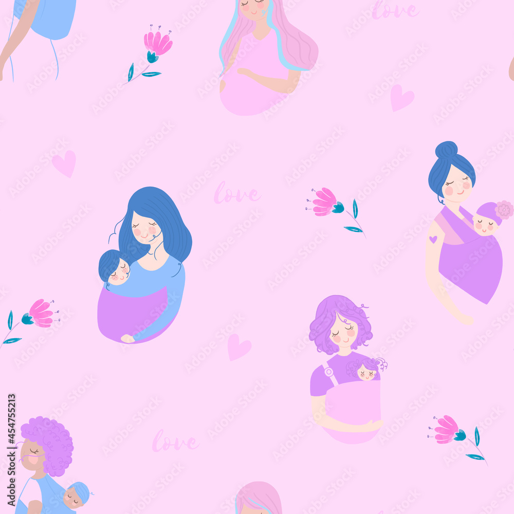 I love you. Pregnant girl. Future mom and her baby. Seamless pattern with mother and children. Mothers day background.