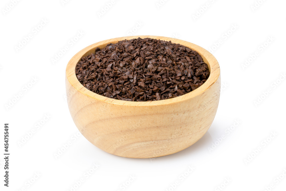 Instant coffee powder in wooden bowl with roasted coffe beans isolated on white background. Instant coffee powder in wooden bowl with roasted coffe beans isolated on white background.