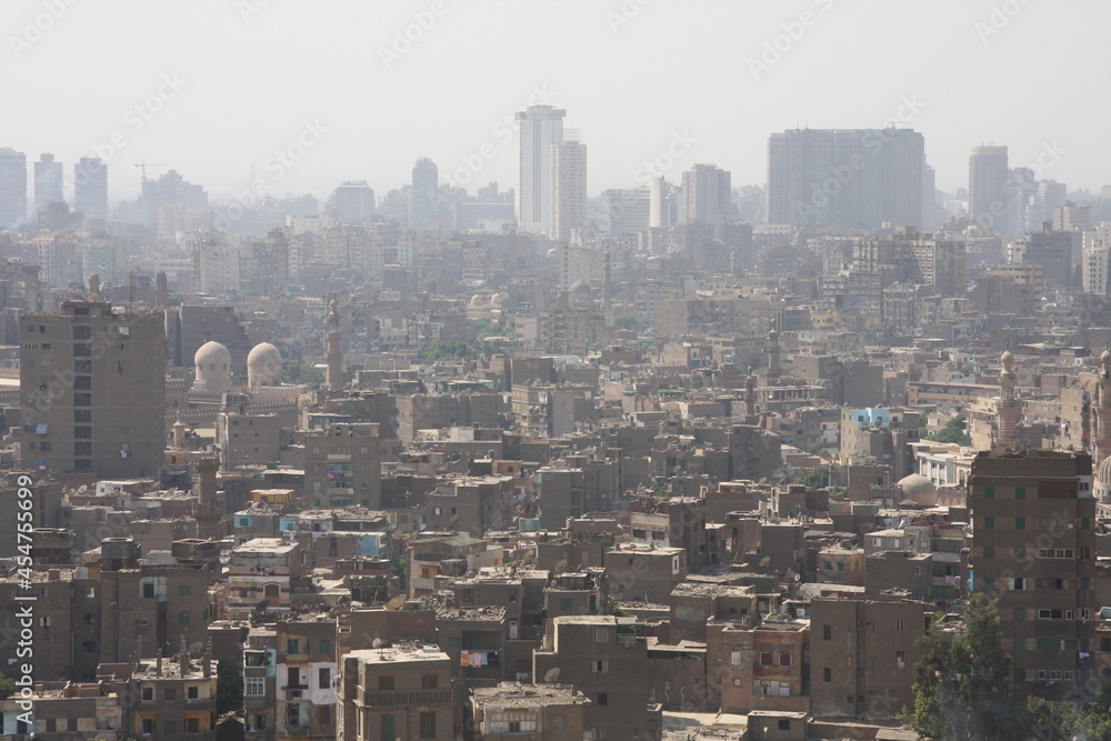 Cairo, Egypt, May 18 2018, Aerial skyline view of Cairo Egypt cityscape , panoramic view of Cairo with many modern buildings, Tahrir square and Tahrir museum