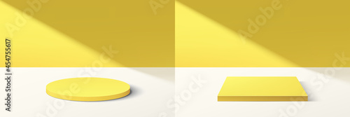 Set of abstract 3D yellow cylinder and cube pedestal podium with bright yellow minimal wall scene in shadow. Collection of vector rendering geometric platform for cosmetic product display presentation