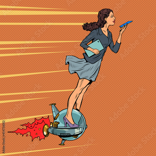 A futuristic businesswoman rides an electric jet unicycle, a woman communicates on a smartphone