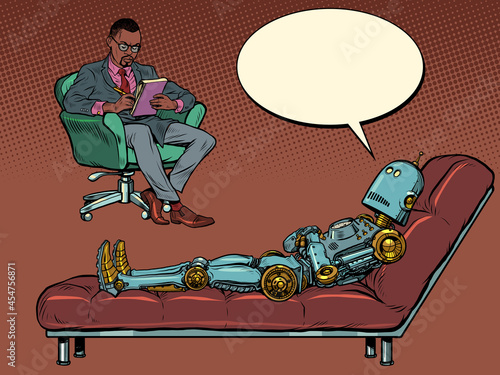 A black male psychotherapist at a psychotherapy session, listens to a robot patient, sits in a chair and makes notes in a notebook