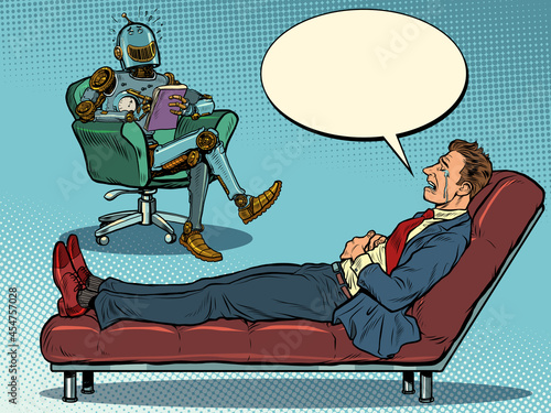 A robot psychotherapist at a psychotherapy session with a patient, laughs and listens to a businessman, sits in a chair and makes notes in a notebook
