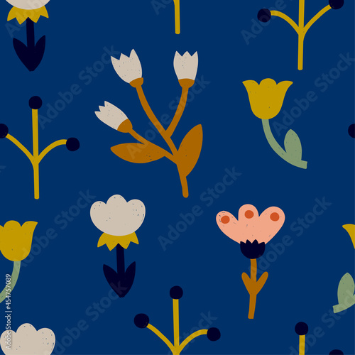 Cute modern pattern with simple decorative flowers on blue background. Cute colorful print for textile, dresses, wallpaper and ect.