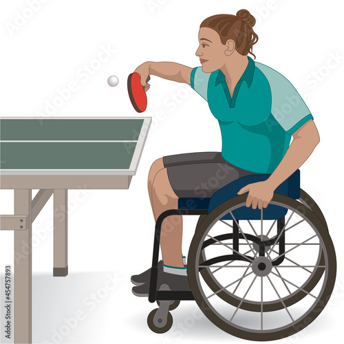 para sports paralympic table tennis, physical disabled female athlete sitting in specialized wheelchair holding paddle hitting ball isolated on white background