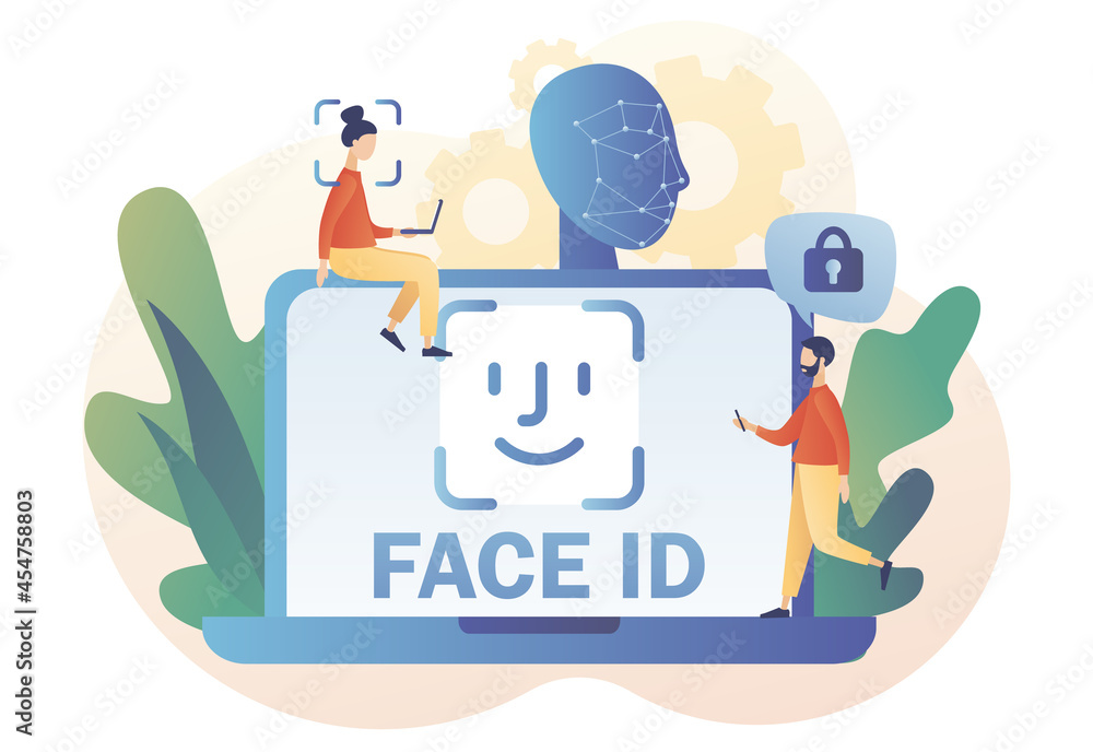 Face ID concept. Biometric identification system. Tiny people scans and recognition faceusing laser in laptop. Data security. Modern flat cartoon style. Vector illustration on white background Face ID concept. Biometric identification system. Tiny people scans and recognition faceusing laser in laptop. Data security. Modern flat cartoon style. Vector illustration on white background